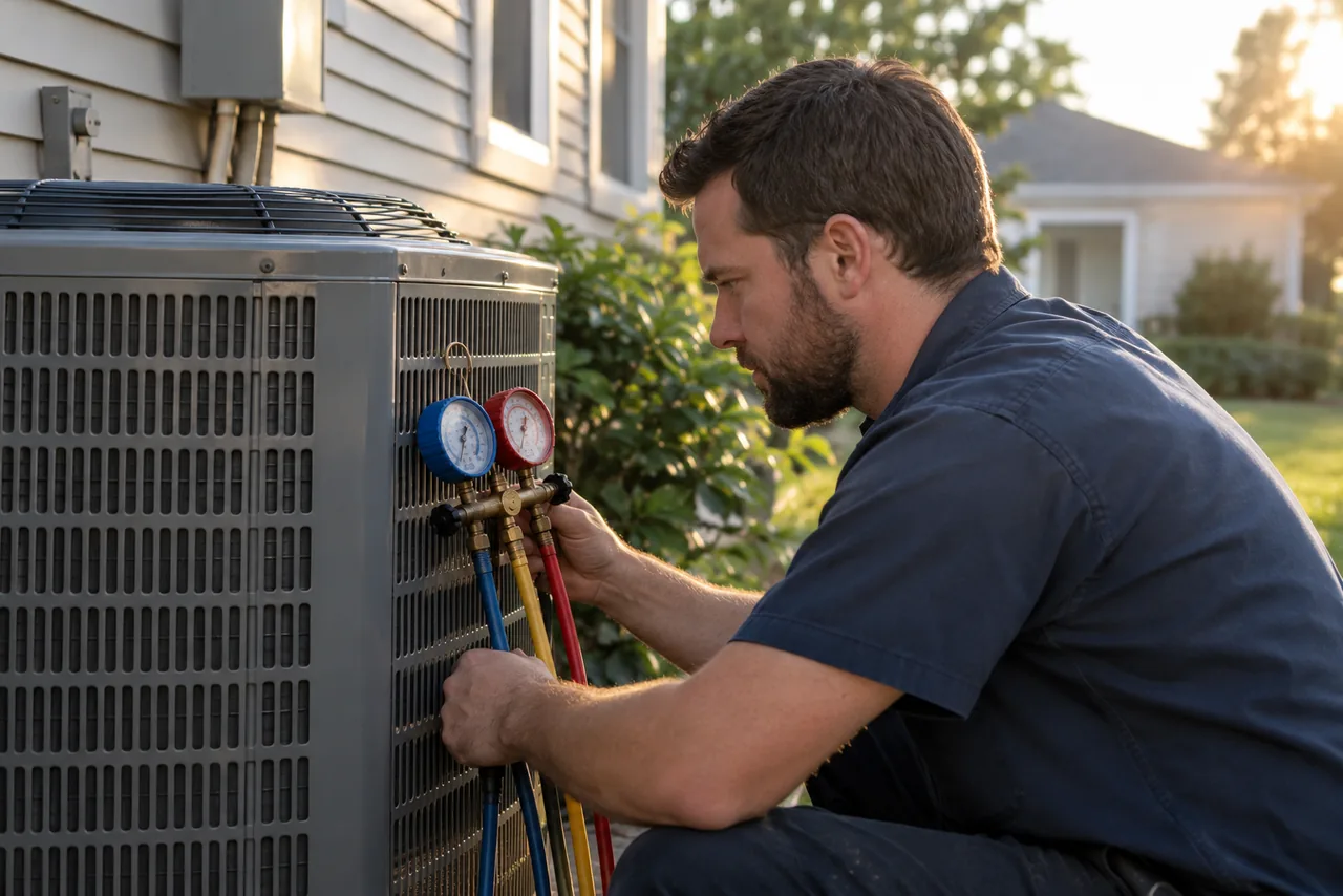 A technician checking an AC unit with gauges