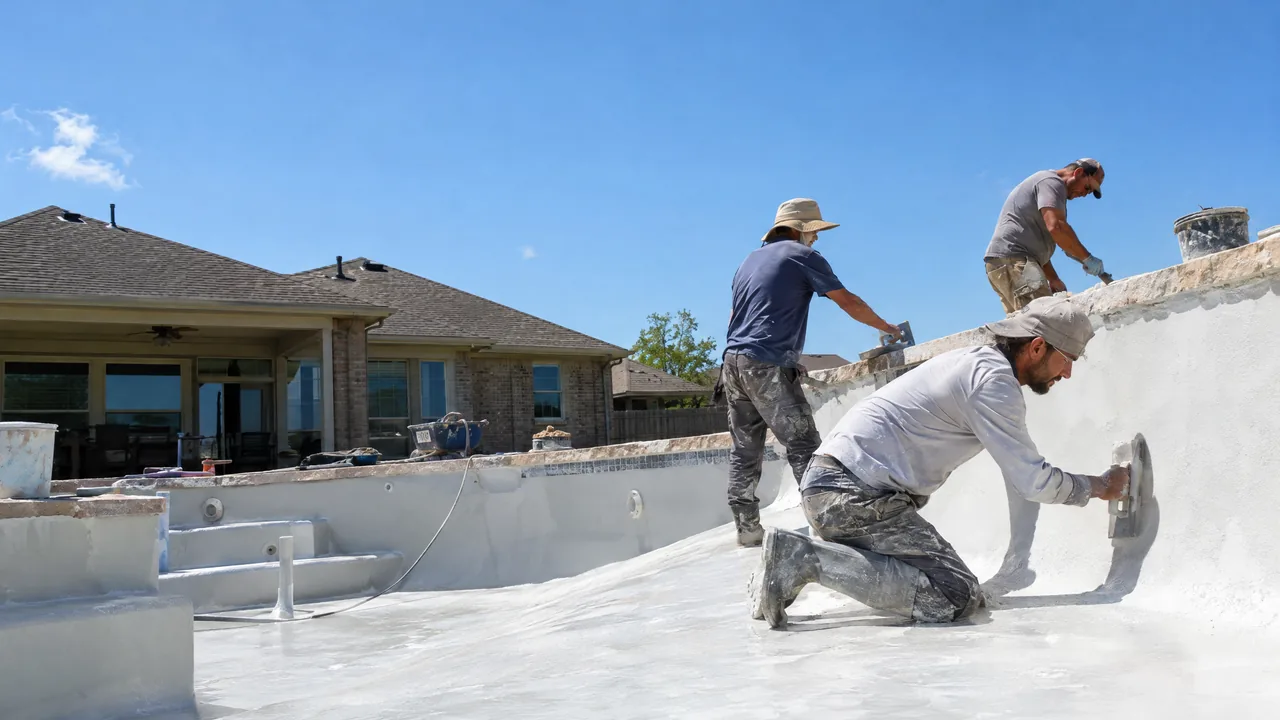 A crew plastering a new backyard pool